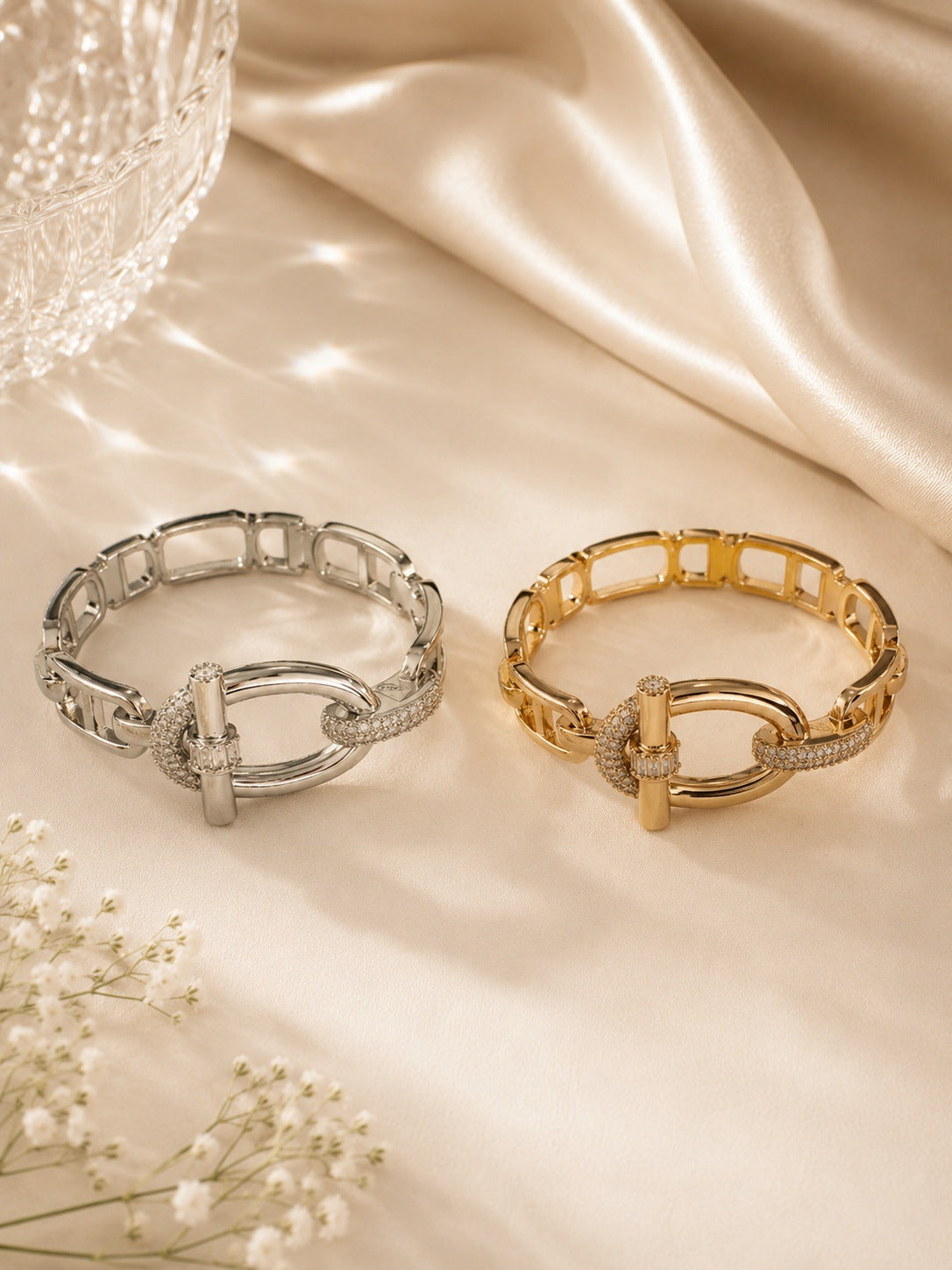 Geometric Copper Bangle With Zircon Inlay, Electroplated Gold Plating, Elegant Gold Finish