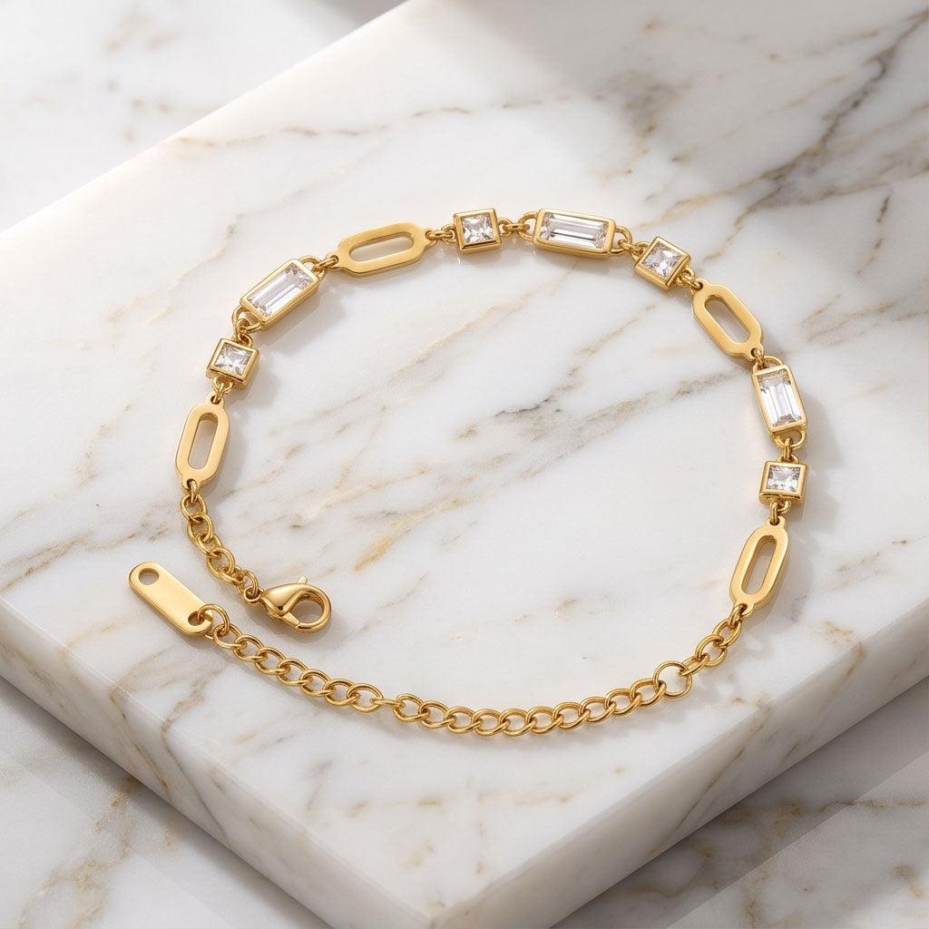 Waterproof Non Tarnish Unisex Letter Bracelet In 304 Stainless Steel With 18K Real Gold PVD Coating And Zircon Inlay