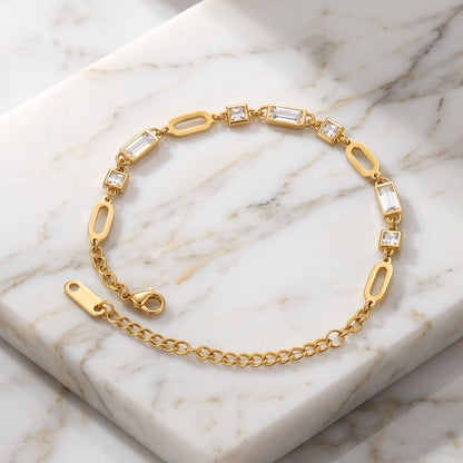 Waterproof Non Tarnish Unisex Letter Bracelet In 304 Stainless Steel With 18K Real Gold PVD Coating And Zircon Inlay
