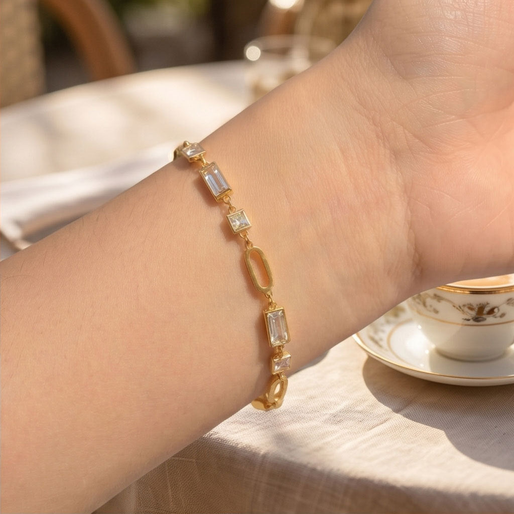 Waterproof Non Tarnish Unisex Letter Bracelet In 304 Stainless Steel With 18K Real Gold PVD Coating And Zircon Inlay