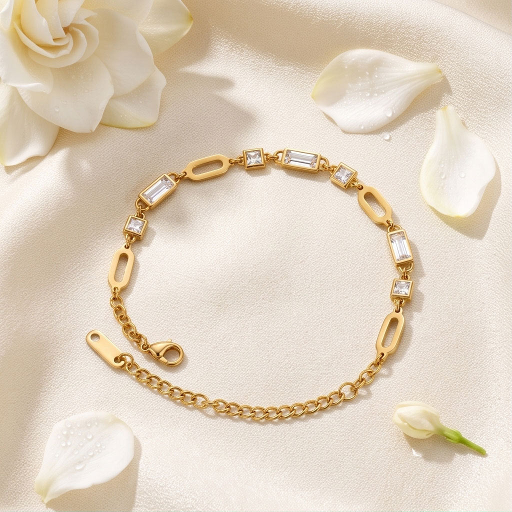 Waterproof Non Tarnish Unisex Letter Bracelet In 304 Stainless Steel With 18K Real Gold PVD Coating And Zircon Inlay