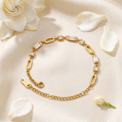 Waterproof Non Tarnish Unisex Letter Bracelet In 304 Stainless Steel With 18K Real Gold PVD Coating And Zircon Inlay
