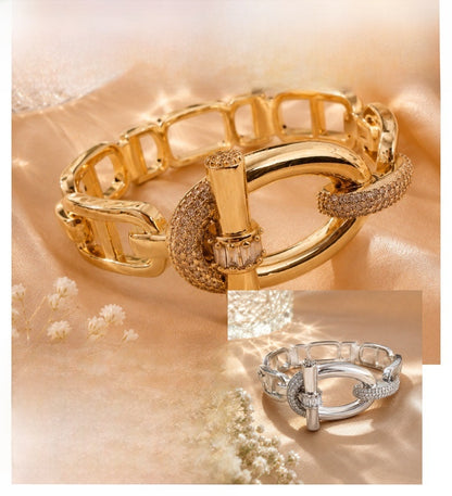 Geometric Copper Bangle With Zircon Inlay, Electroplated Gold Plating, Elegant Gold Finish