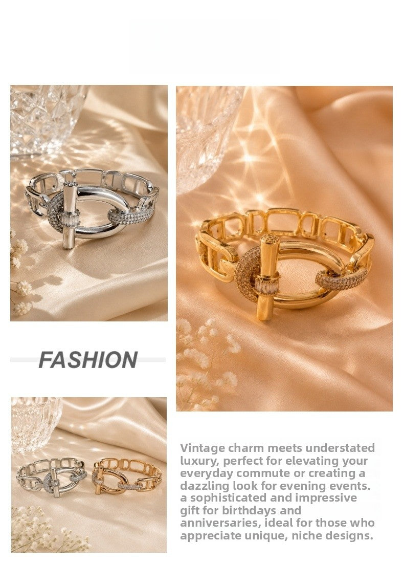 Geometric Copper Bangle With Zircon Inlay, Electroplated Gold Plating, Elegant Gold Finish