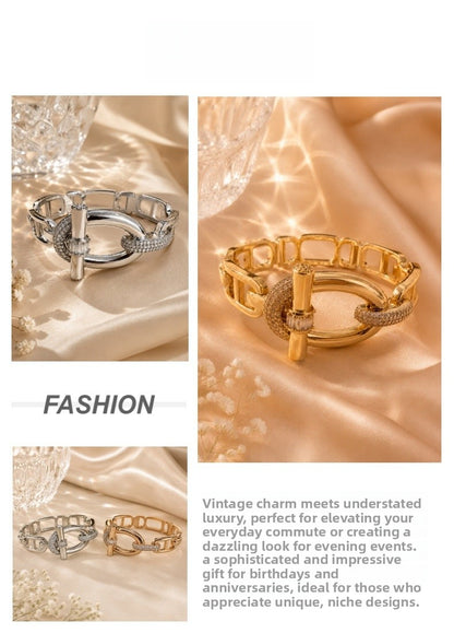 Geometric Copper Bangle With Zircon Inlay, Electroplated Gold Plating, Elegant Gold Finish
