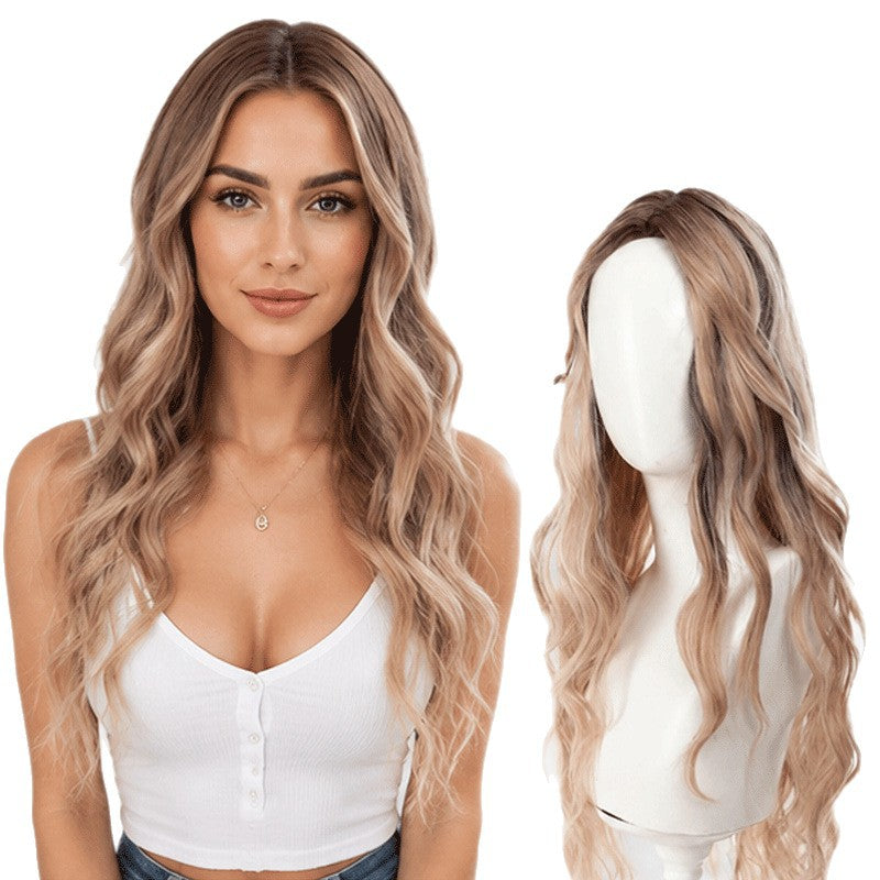 Women’s Full Head Wig In Brown With Long Curly Hair And Centre Parting, Simple Style, Made Of High Temperature Wire With Wig Net