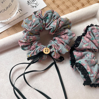 Pastoral Rose Cloth Scrunchie Hair Accessory For Spring Featuring Fabric Inlay