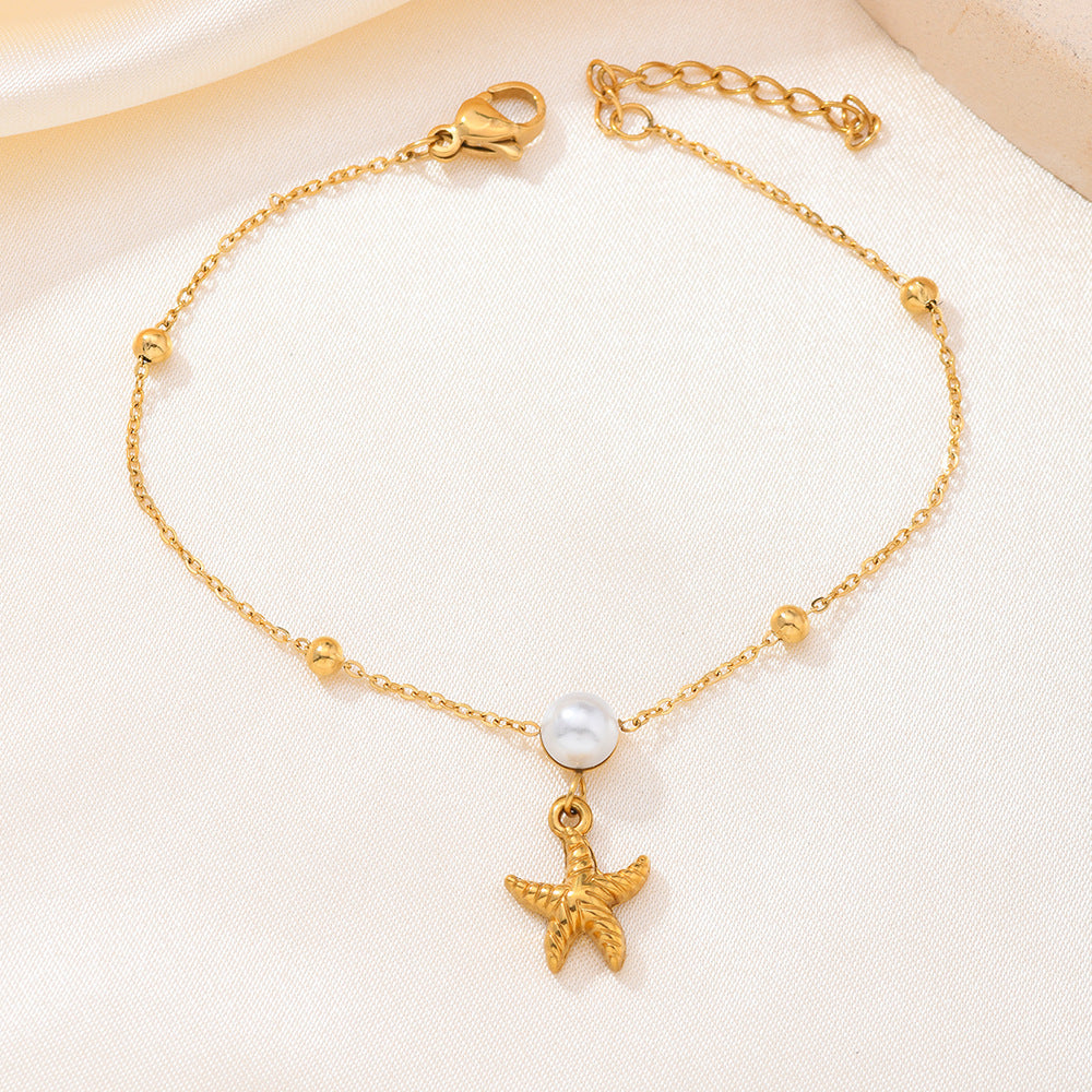 Unisex Starfish Shell Bracelet With Zircon Inlay, Casual Jewelry Set