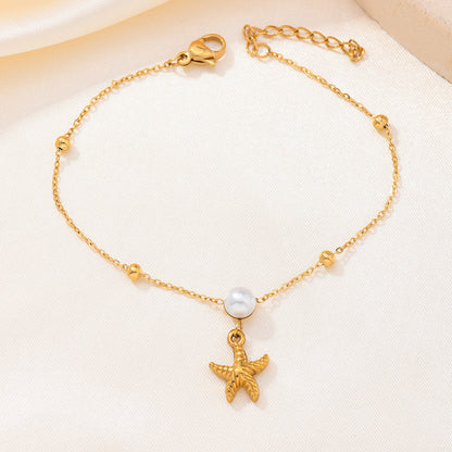 Unisex Starfish Shell Bracelet With Zircon Inlay, Casual Jewelry Set