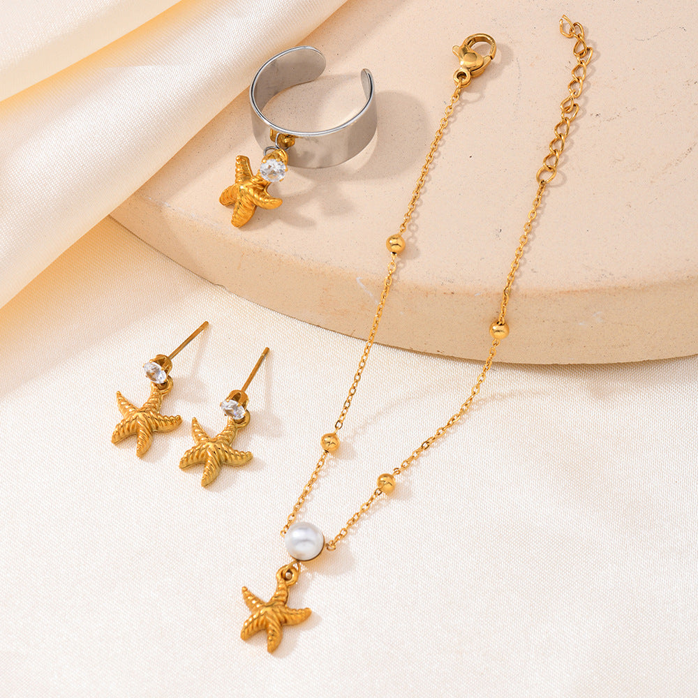Unisex Starfish Shell Bracelet With Zircon Inlay, Casual Jewelry Set