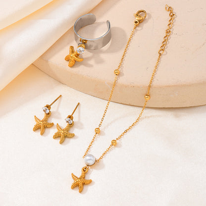 Unisex Starfish Shell Bracelet With Zircon Inlay, Casual Jewelry Set