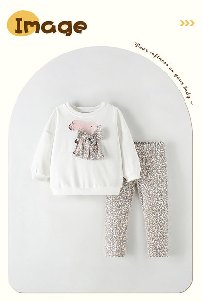 Cute Cartoon Cotton Kids Clothing Set For Girls Featuring Printing, 2 Pieces Pant Co-ord Set