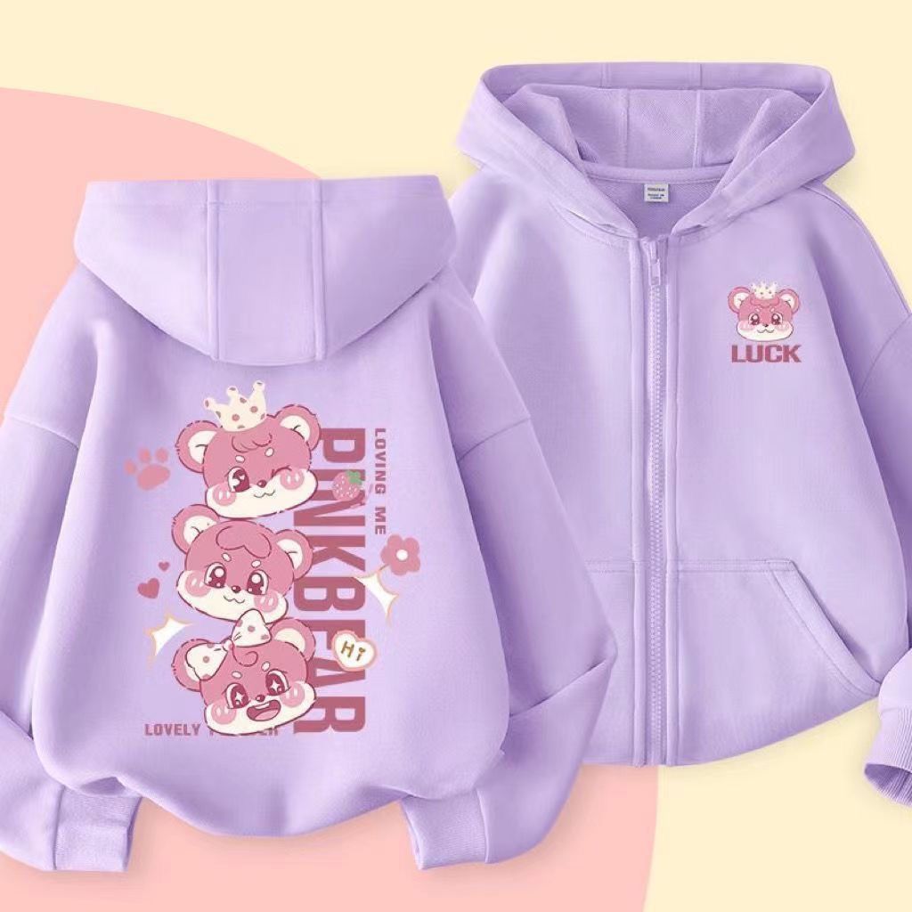 Cartoon Casual Girl's Children's Sweatshirt In Natural Pink With Hooded Neck And Zipper Closure, Made Of Polyester