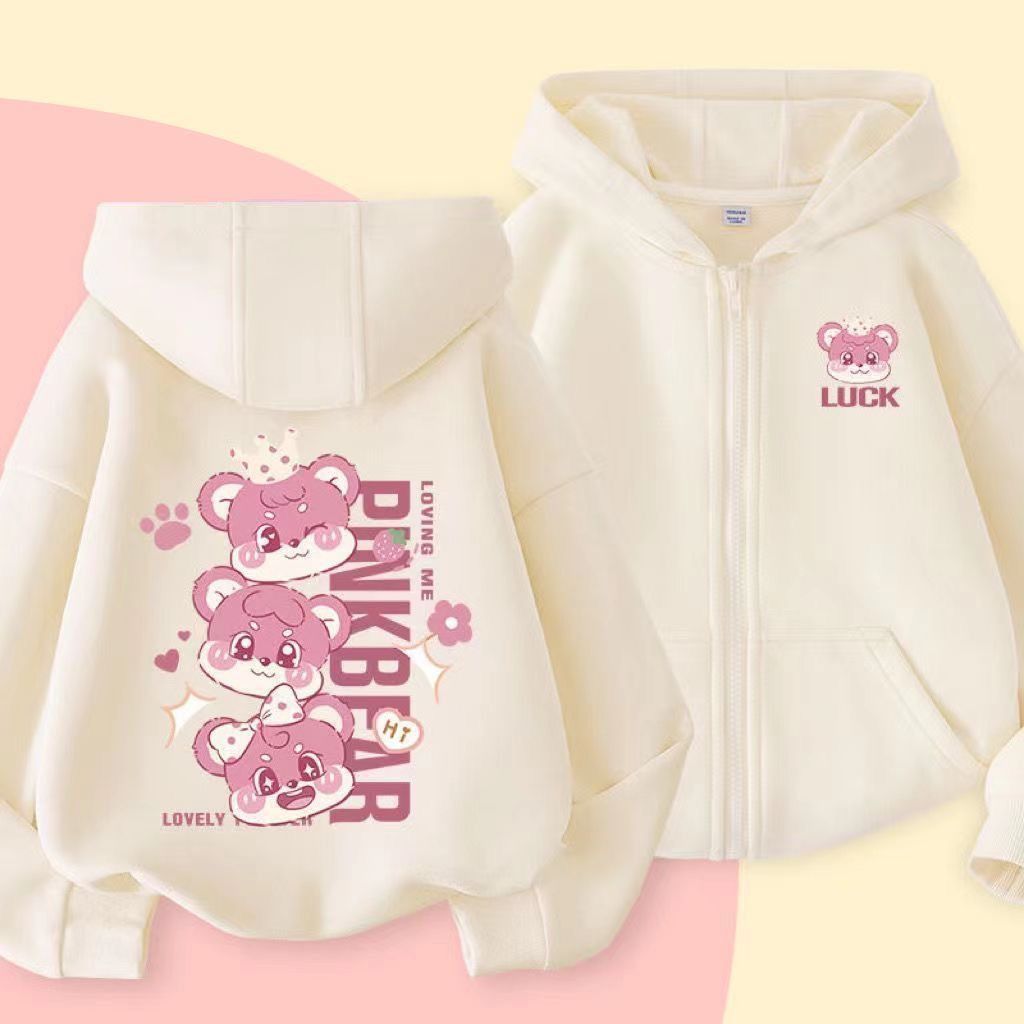 Cartoon Casual Girl's Children's Sweatshirt In Natural Pink With Hooded Neck And Zipper Closure, Made Of Polyester