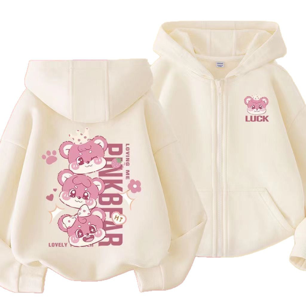 Cartoon Casual Girl's Children's Sweatshirt In Natural Pink With Hooded Neck And Zipper Closure, Made Of Polyester