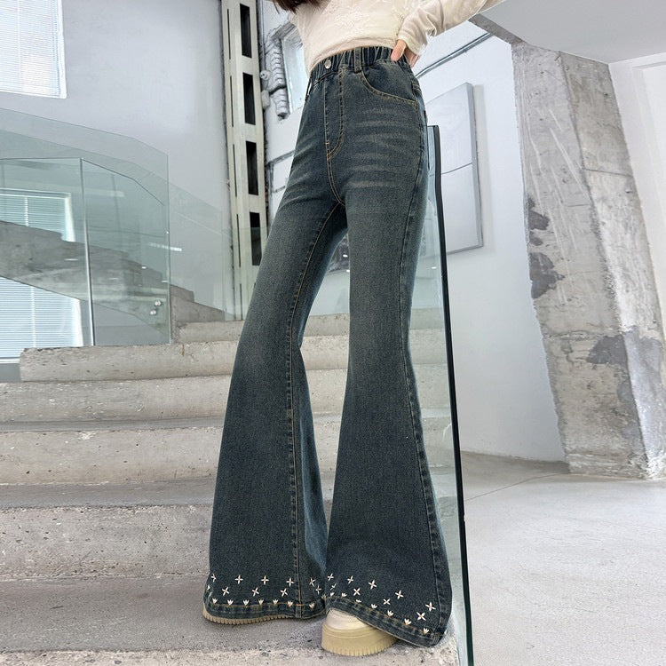 Solid Color Casual Cotton Blend Children's Pants For Girls With Embroidery, Full Length And Stretchy Fit
