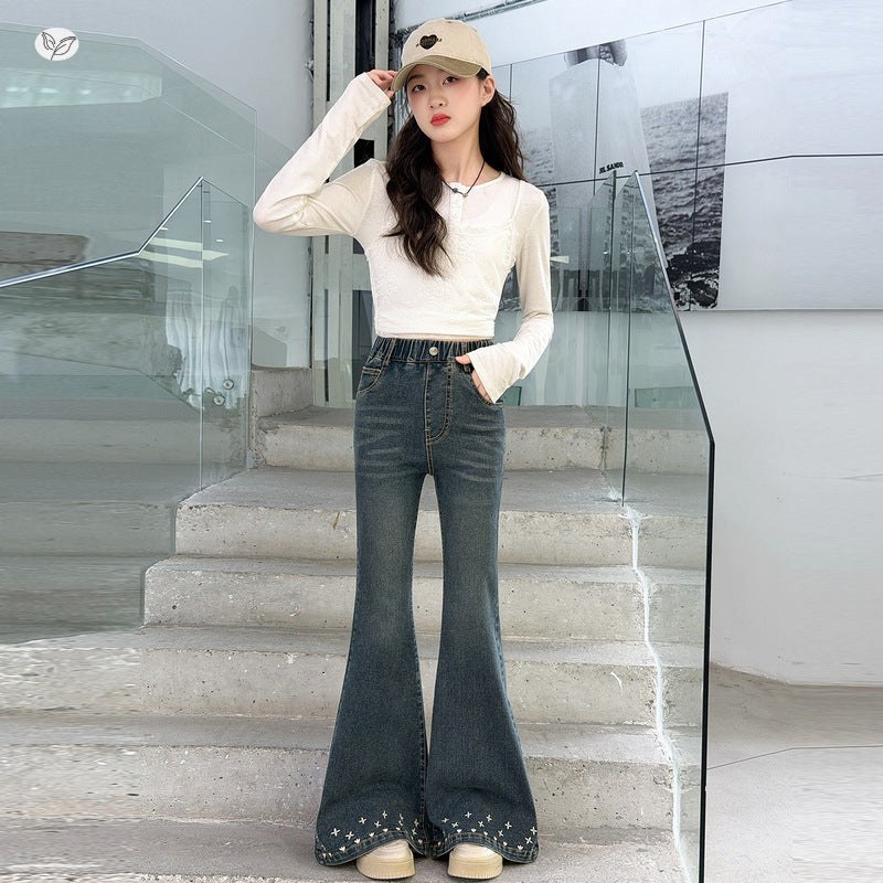 Solid Color Casual Cotton Blend Children's Pants For Girls With Embroidery, Full Length And Stretchy Fit