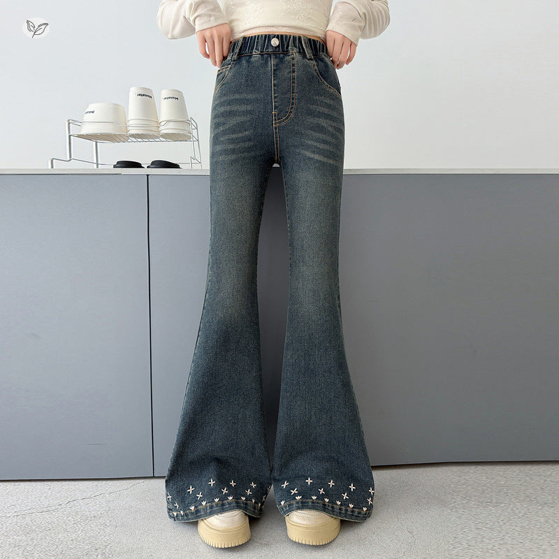 Solid Color Casual Cotton Blend Children's Pants For Girls With Embroidery, Full Length And Stretchy Fit
