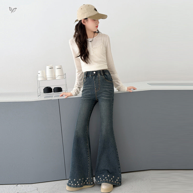 Solid Color Casual Cotton Blend Children's Pants For Girls With Embroidery, Full Length And Stretchy Fit