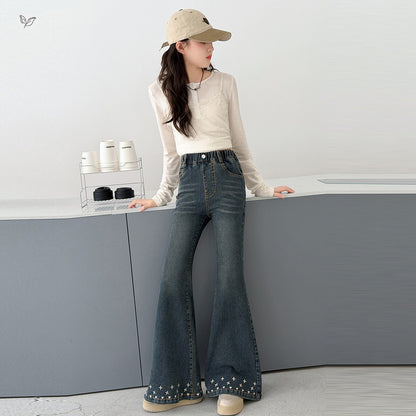 Solid Color Casual Cotton Blend Children's Pants For Girls With Embroidery, Full Length And Stretchy Fit
