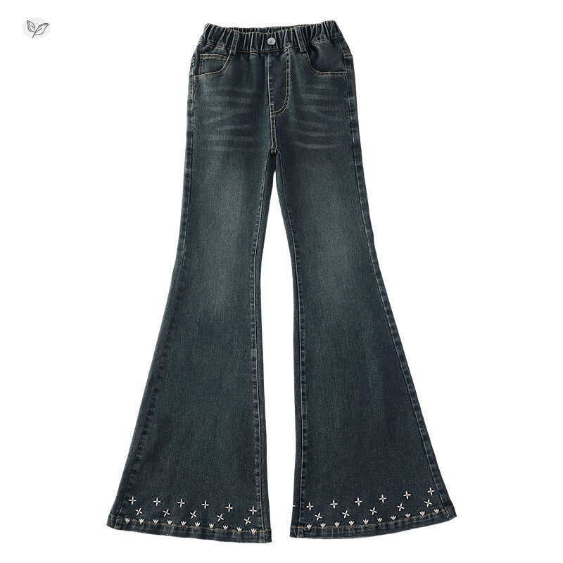 Solid Color Casual Cotton Blend Children's Pants For Girls With Embroidery, Full Length And Stretchy Fit