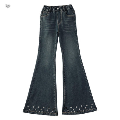 Solid Color Casual Cotton Blend Children's Pants For Girls With Embroidery, Full Length And Stretchy Fit