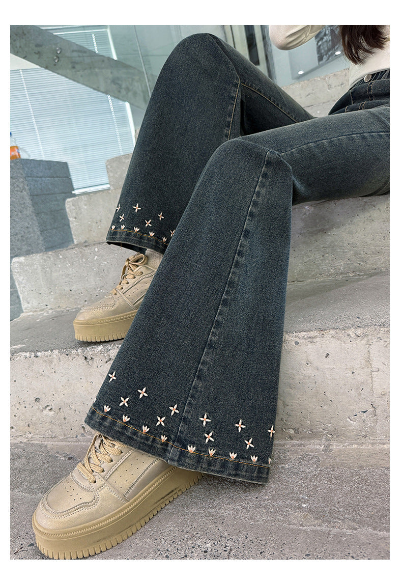 Solid Color Casual Cotton Blend Children's Pants For Girls With Embroidery, Full Length And Stretchy Fit