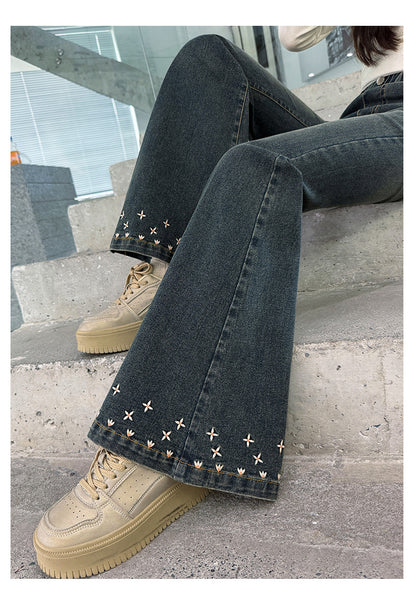 Solid Color Casual Cotton Blend Children's Pants For Girls With Embroidery, Full Length And Stretchy Fit