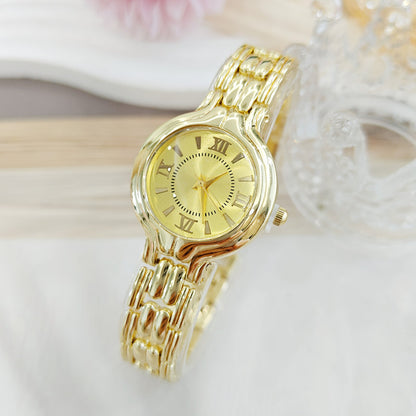 Women's Quartz Watch With Round Dial And Alloy Strap Featuring Ordinary Glass Mirror And Single Folding Buckle