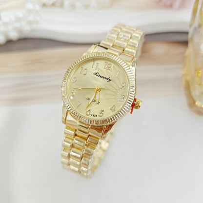 Women's Quartz Watch With Round Dial, Alloy Strap, Single Folding Buckle, And Ordinary Glass Mirror