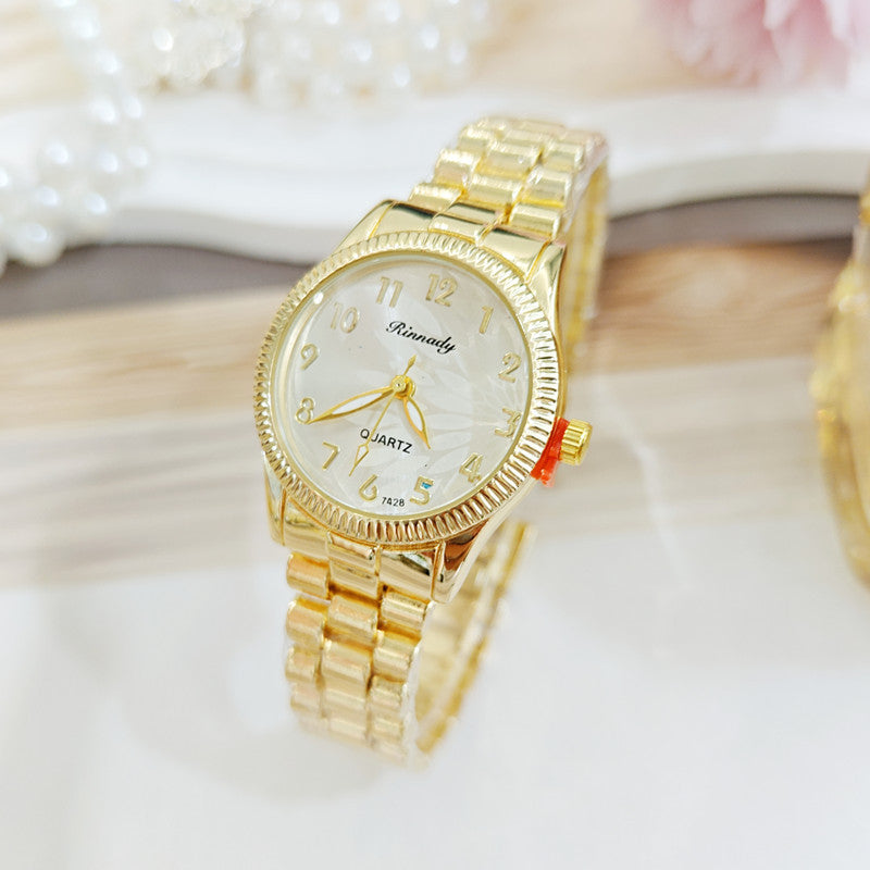Women's Quartz Watch With Round Dial, Alloy Strap, Single Folding Buckle, And Ordinary Glass Mirror