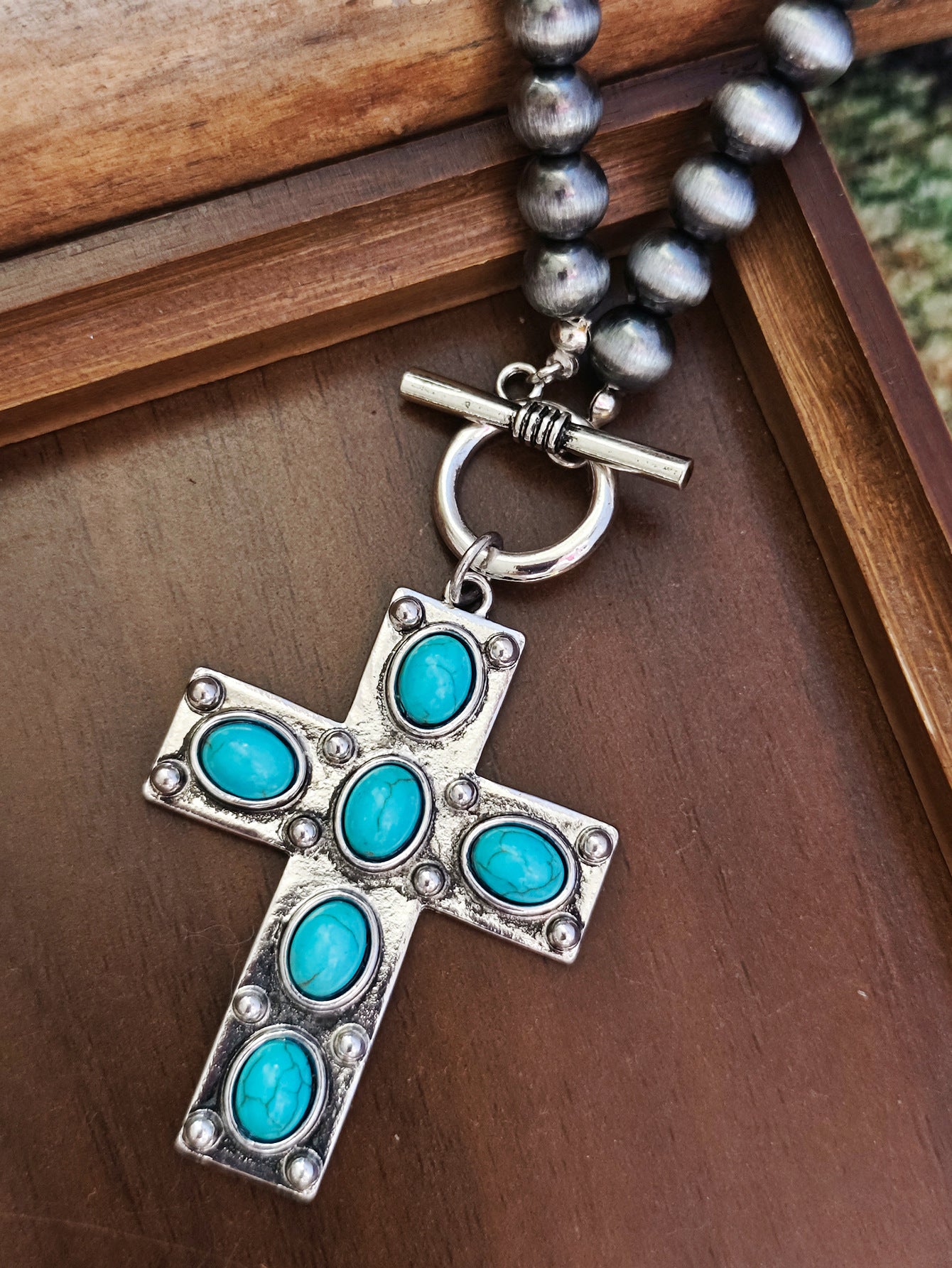 Electroplated Zinc Alloy Pendant With Turquoise Inlay, Featuring Zinc Alloy Chain In Bohemian Style For Women, Available In Cyan