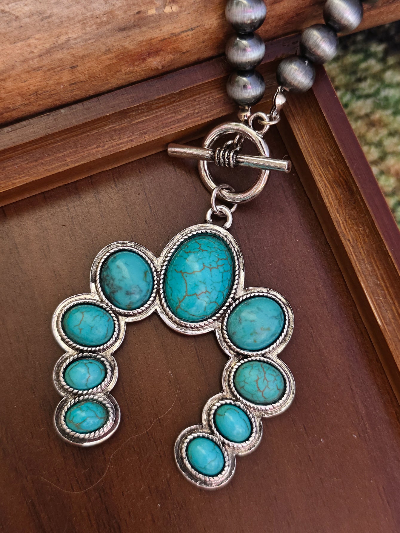 Electroplated Zinc Alloy Pendant With Turquoise Inlay, Featuring Zinc Alloy Chain In Bohemian Style For Women, Available In Cyan