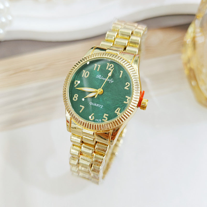 Women's Quartz Watch With Round Dial, Alloy Strap, Single Folding Buckle, And Ordinary Glass Mirror