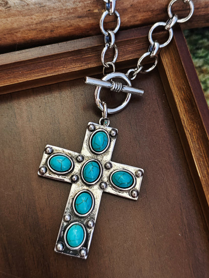 Electroplated Zinc Alloy Pendant With Turquoise Inlay, Featuring Zinc Alloy Chain In Bohemian Style For Women, Available In Cyan