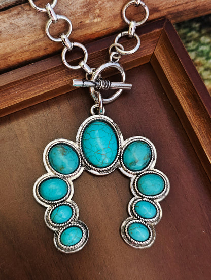 Electroplated Zinc Alloy Pendant With Turquoise Inlay, Featuring Zinc Alloy Chain In Bohemian Style For Women, Available In Cyan