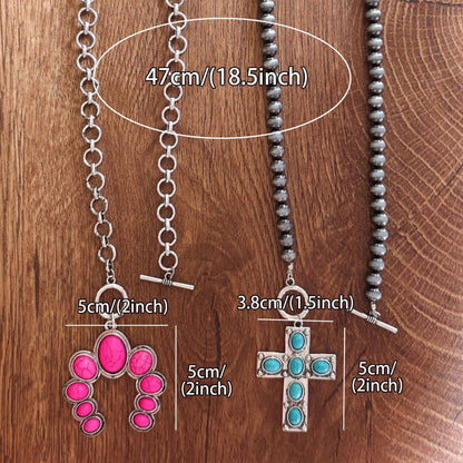 Electroplated Zinc Alloy Pendant With Turquoise Inlay, Featuring Zinc Alloy Chain In Bohemian Style For Women, Available In Cyan