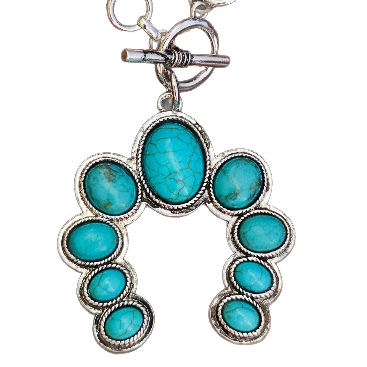 Electroplated Zinc Alloy Pendant With Turquoise Inlay, Featuring Zinc Alloy Chain In Bohemian Style For Women, Available In Cyan