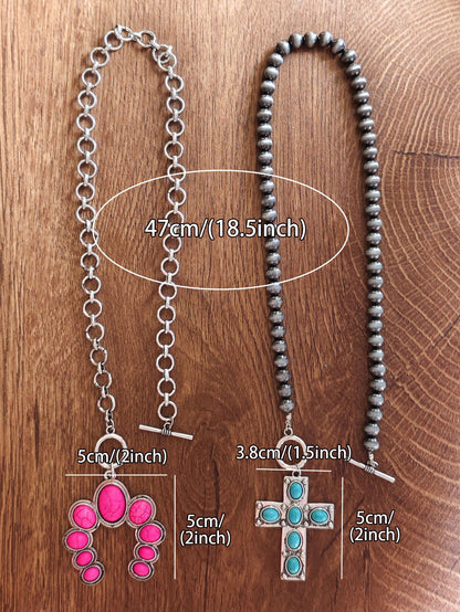 Electroplated Zinc Alloy Pendant With Turquoise Inlay, Featuring Zinc Alloy Chain In Bohemian Style For Women, Available In Cyan