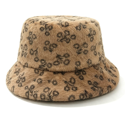 Ditsy Floral Warm Sweet Unisex Bucket Hat With Short Brim, Plush Material And Plush Craft Adult Hat