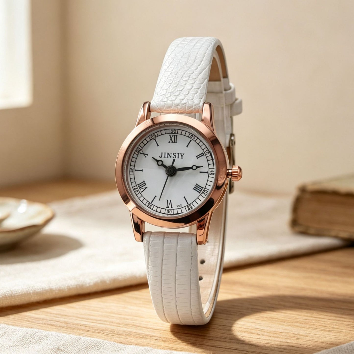 Women's Quartz Watch With Round Dial, PU Strap, Pin Buckle, And Ordinary Glass Mirror