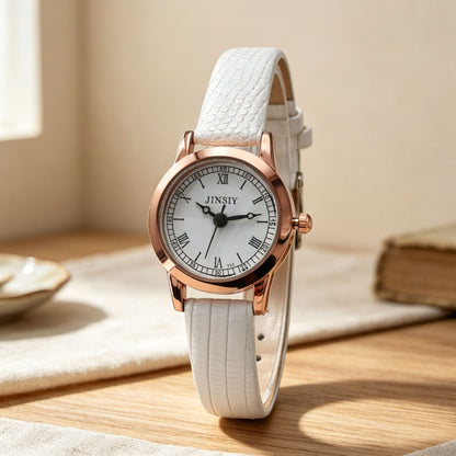 Women's Quartz Watch With Round Dial, PU Strap, Pin Buckle, And Ordinary Glass Mirror