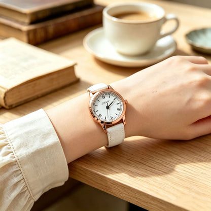 Women's Quartz Watch With Round Dial, PU Strap, Pin Buckle, And Ordinary Glass Mirror