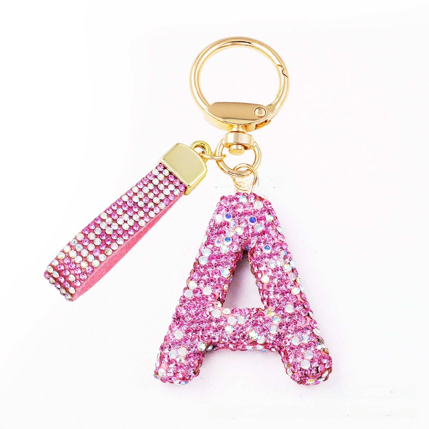 New Year Letter Bag Charm Key Chain In Natural Pink Featuring Pottery Clay And Rhinestone Inlay
