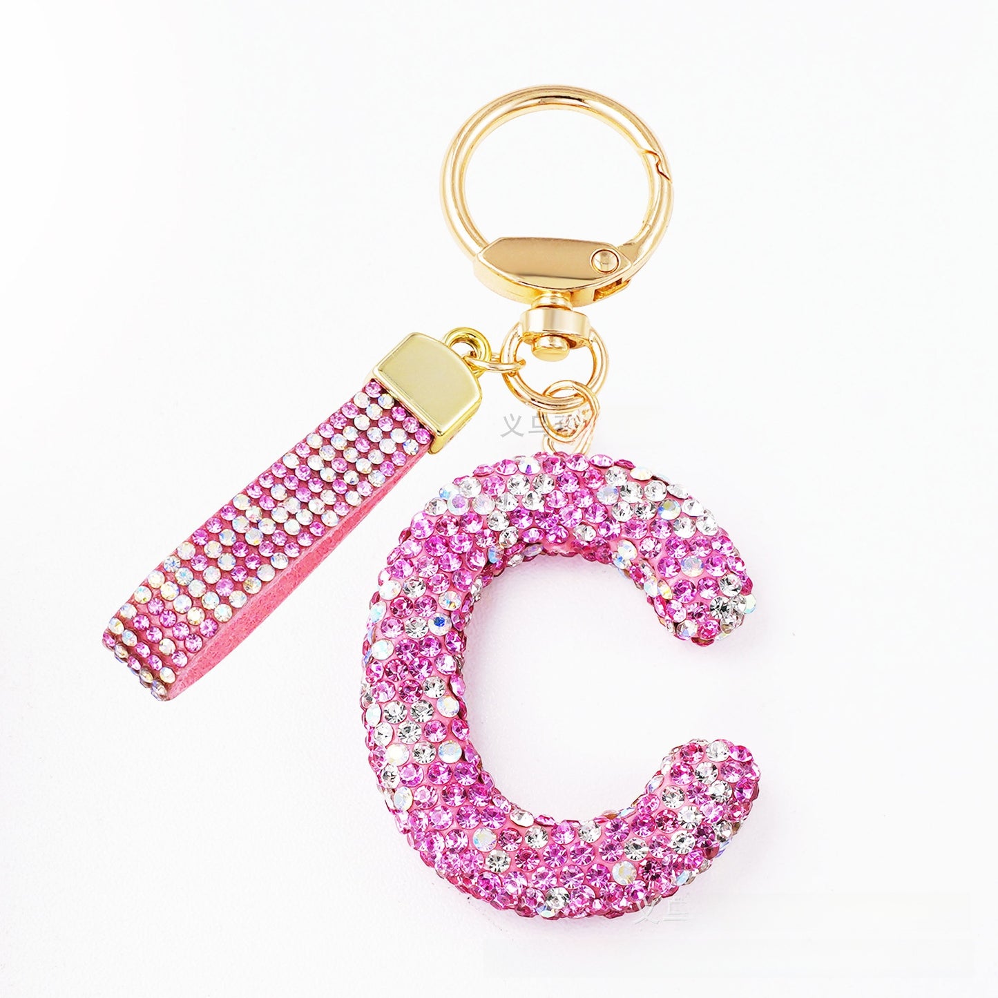 New Year Letter Bag Charm Key Chain In Natural Pink Featuring Pottery Clay And Rhinestone Inlay
