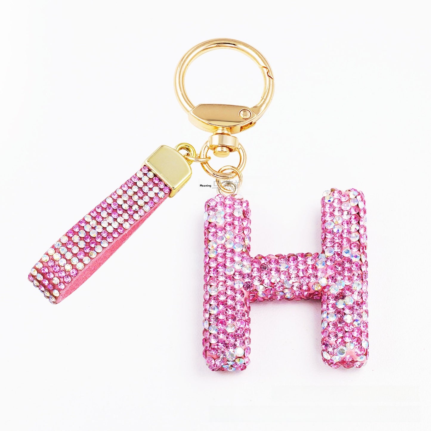 New Year Letter Bag Charm Key Chain In Natural Pink Featuring Pottery Clay And Rhinestone Inlay