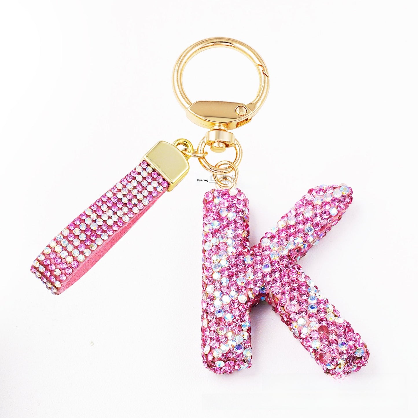 New Year Letter Bag Charm Key Chain In Natural Pink Featuring Pottery Clay And Rhinestone Inlay