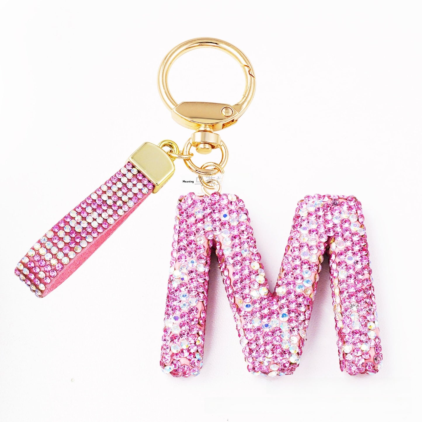 New Year Letter Bag Charm Key Chain In Natural Pink Featuring Pottery Clay And Rhinestone Inlay