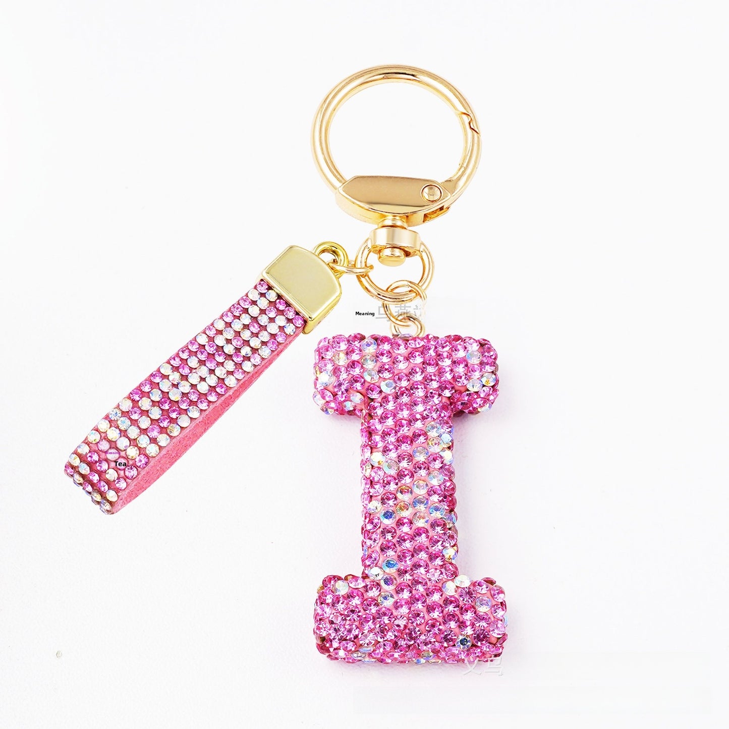 New Year Letter Bag Charm Key Chain In Natural Pink Featuring Pottery Clay And Rhinestone Inlay