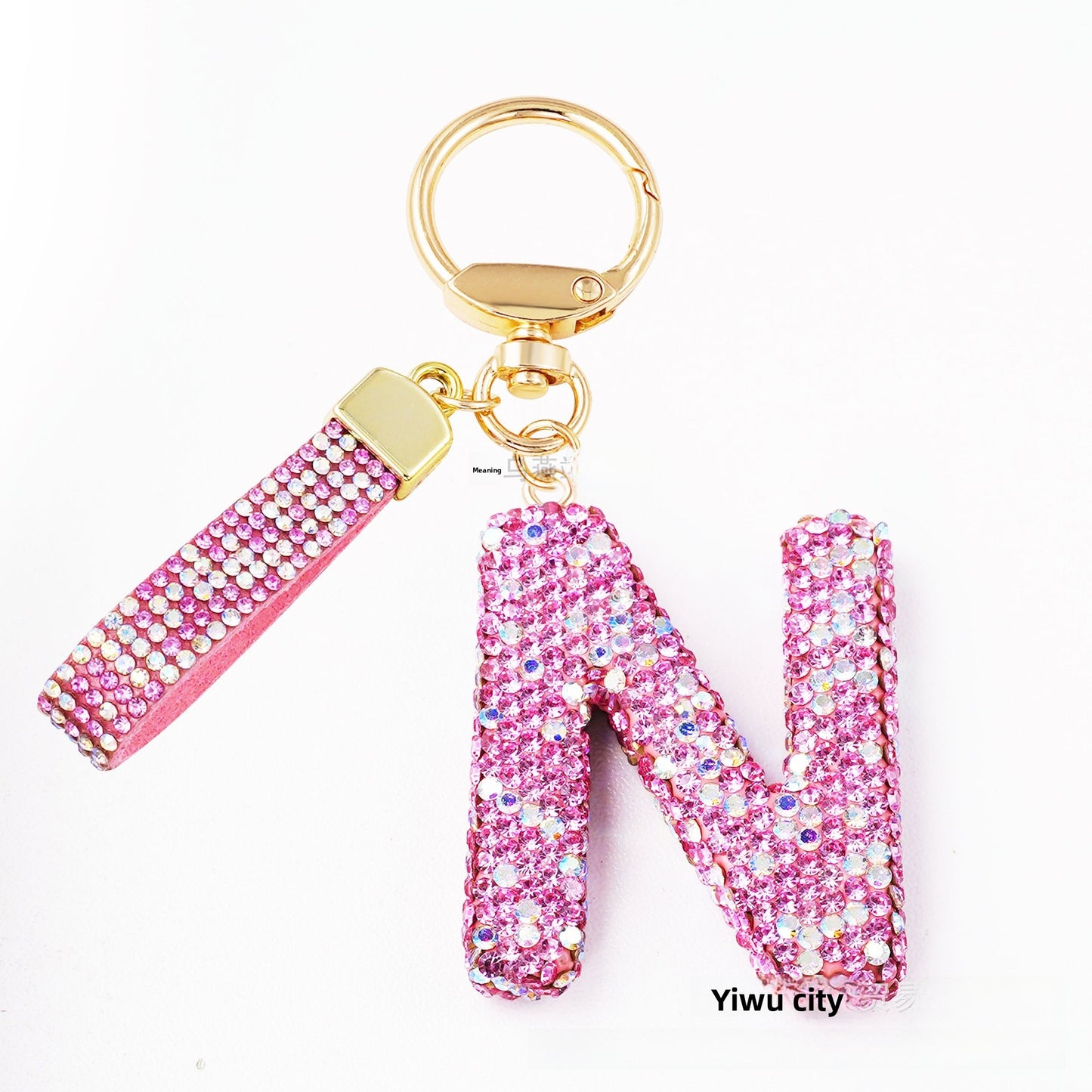 New Year Letter Bag Charm Key Chain In Natural Pink Featuring Pottery Clay And Rhinestone Inlay